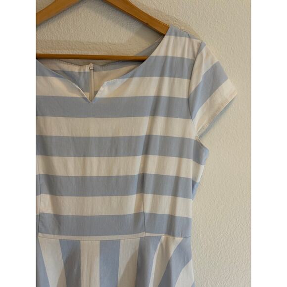 FLAMINGO Dress Blue Stripe Retro Novelty Print Floral Fit Flare | LARGE - Picture 3 of 7